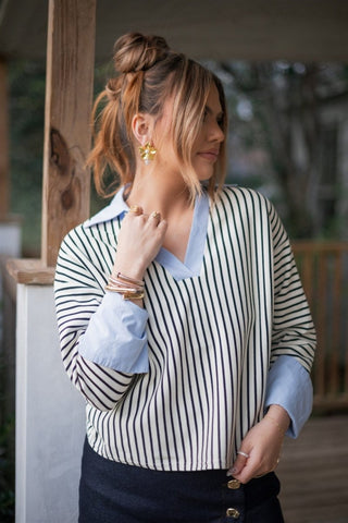 Striped Collared Blouse With Cuffs | Select Trends Boutique