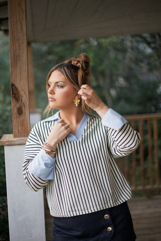 Striped Collared Blouse With Cuffs | Select Trends Boutique