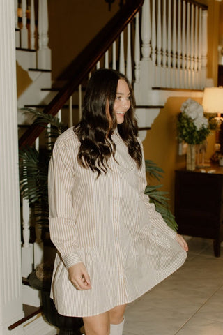 Tan Striped Button Up Flare Shirt Dress | Select Trends Boutique
