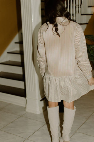 Tan Striped Button Up Flare Shirt Dress | Select Trends Boutique