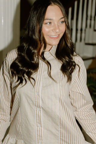 Tan Striped Button Up Flare Shirt Dress | Select Trends Boutique