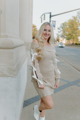 Taupe Bow Sleeve Knit Mini Dress | Select Trends Boutique