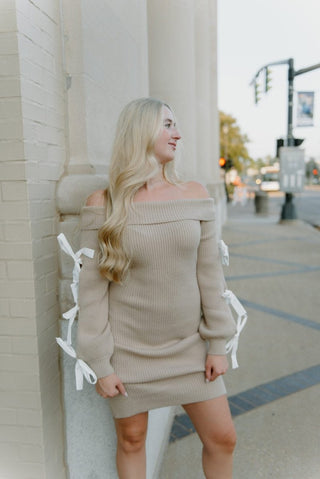 Taupe Bow Sleeve Knit Mini Dress | Select Trends Boutique