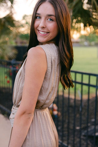 Taupe Buckle Waist Satin Jumpsuit | Select Trends Boutique