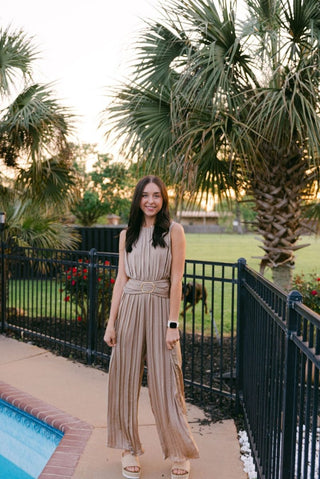 Taupe Buckle Waist Satin Jumpsuit | Select Trends Boutique