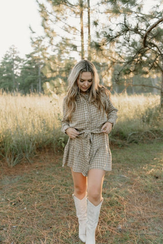 Taupe Plaid Belted Ruffle Dress | Select Trends Boutique