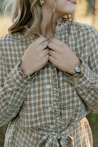 Taupe Plaid Belted Ruffle Dress | Select Trends Boutique