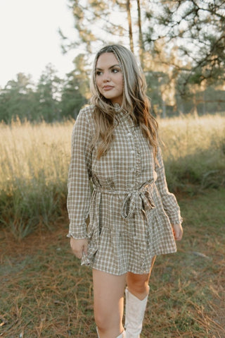 Taupe Plaid Belted Ruffle Dress | Select Trends Boutique