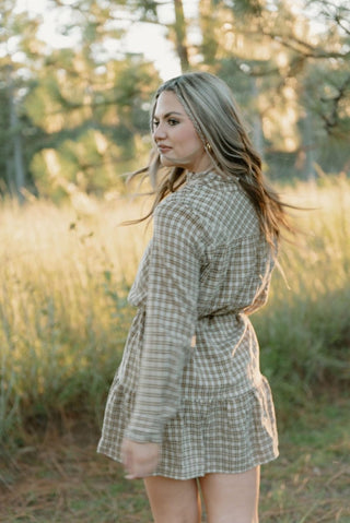Taupe Plaid Belted Ruffle Dress | Select Trends Boutique