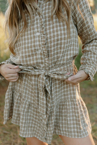 Taupe Plaid Belted Ruffle Dress | Select Trends Boutique