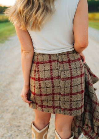 Taupe Plaid Wool Mini Skirt