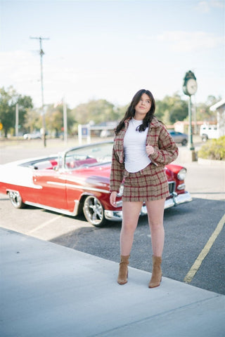 Taupe Plaid Wool Mini Skirt | Select Trends Boutique
