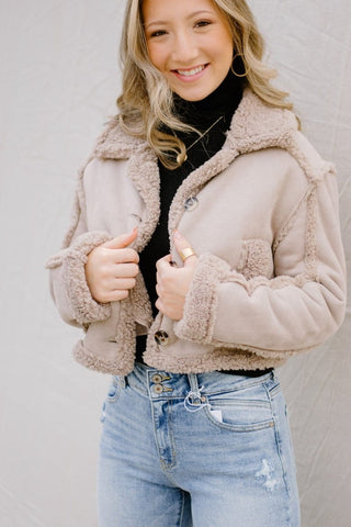 Taupe Shearling Button Jacket | Select Trends Boutique