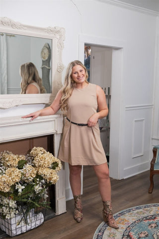 Taupe Sleeveless Belted Mini Dress - Select Trends Boutique