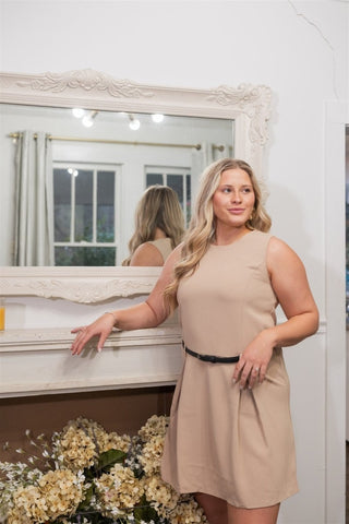 Taupe Sleeveless Belted Mini Dress - Select Trends Boutique