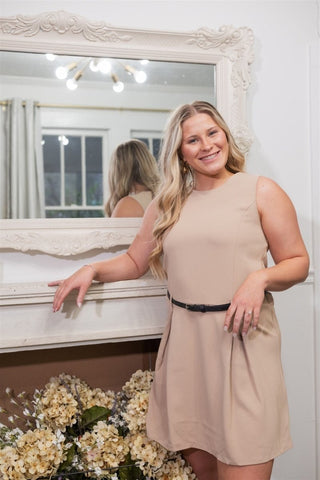 Taupe Sleeveless Belted Mini Dress - Select Trends Boutique