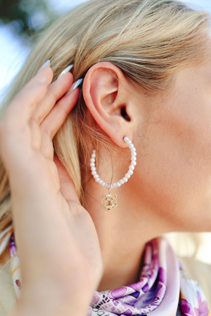 Tiger Pearl Beaded Hoop Earrings