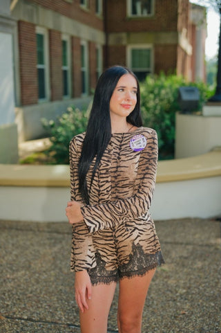 Tiger Print Lace Trim Short Set | Select Trends Boutique