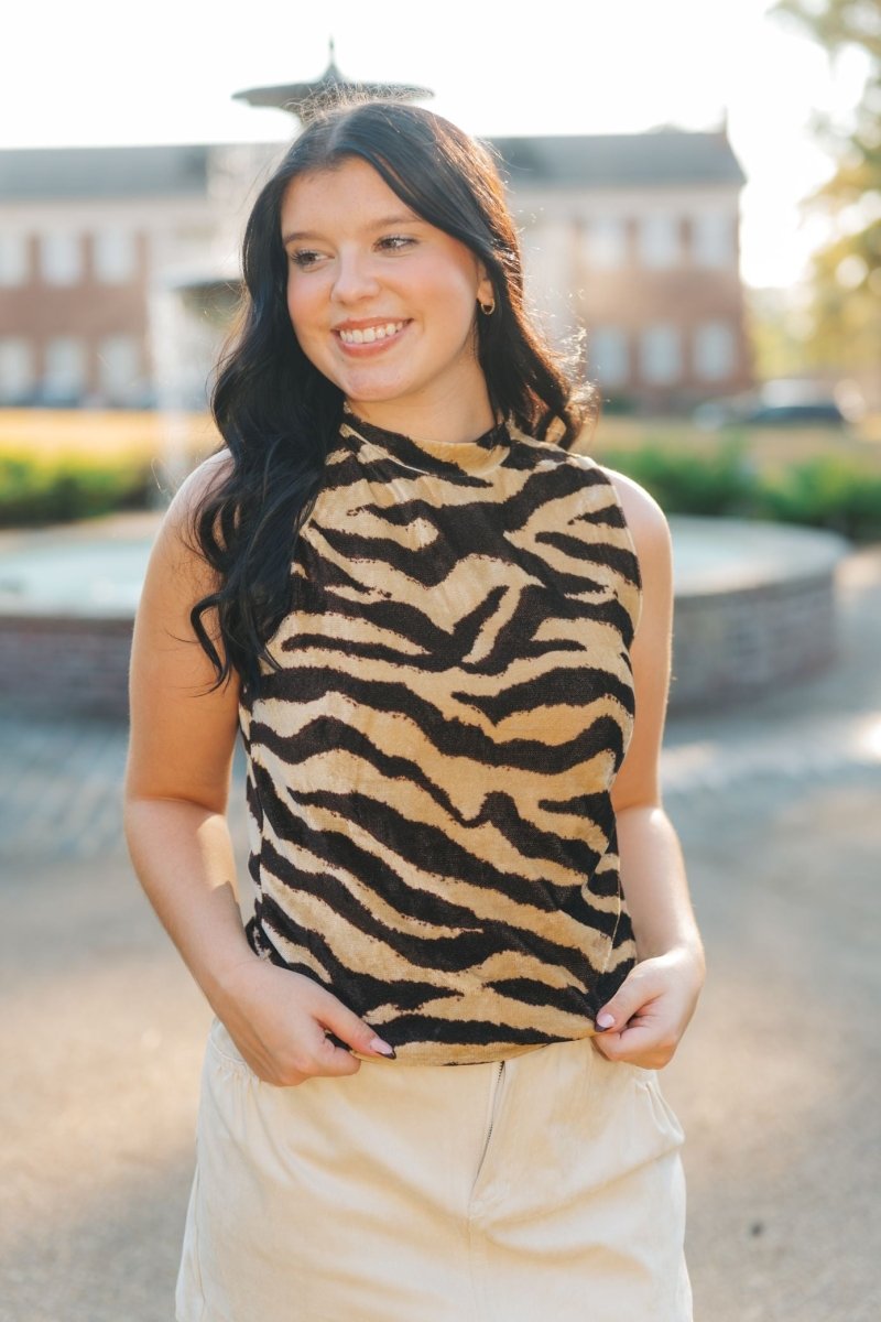 Tiger Print Velvet Mock Neck Top