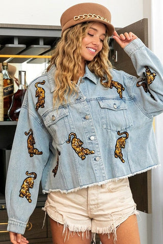 Tiger Sequin Patch Denim Jacket | Select Trends Boutique