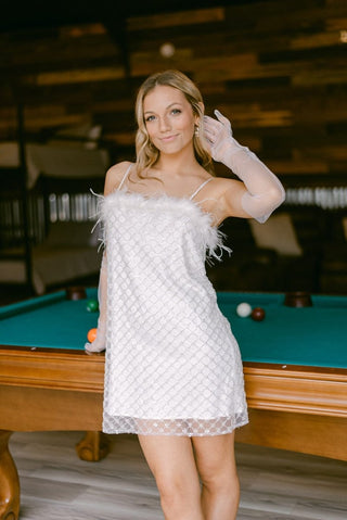 White Beaded Feather Trim Dress | Select Trends Boutique