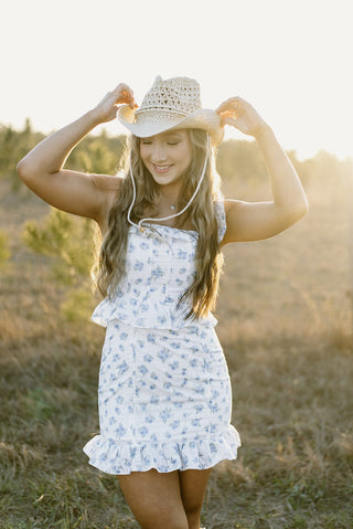 White & Blue Floral Ruffle Corset Dress