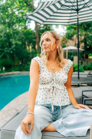 White & Blue Floral Sleeveless Top - Select Trends Boutique