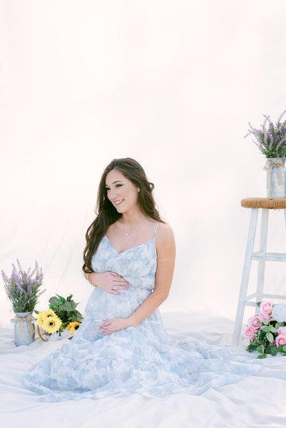 blue and white tiered maxi dress WAYF