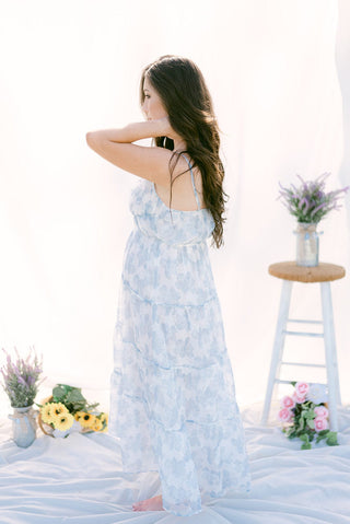 White & Blue Floral Tiered Maxi Dress