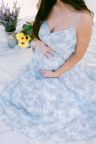 White & Blue Floral Tiered Maxi Dress