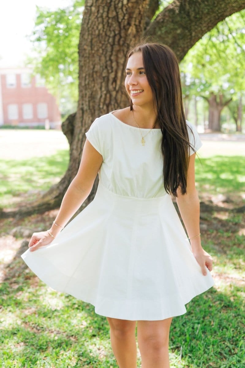 White Boat Neck Flare Dress