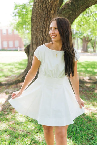 White Boat Neck Flare Dress