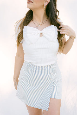 White Bow Detail Ribbed Top