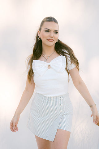 White Bow Detail Ribbed Top