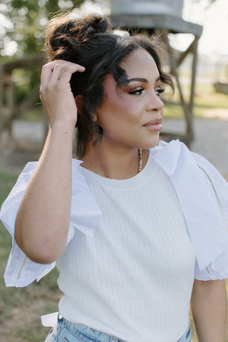 White Bow Tie Detail Knit Top | Select Trends Boutique