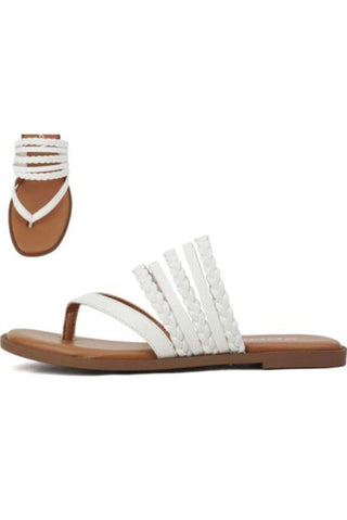 White braided flip flops with multiple straps and a cushioned sole, front and side view