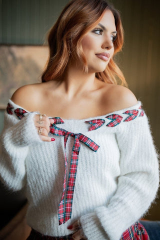 White Christmas Plaid Ribbon Sweater - Select Trends Boutique