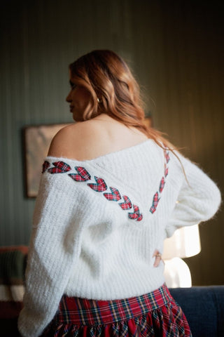 White Christmas Plaid Ribbon Sweater - Select Trends Boutique