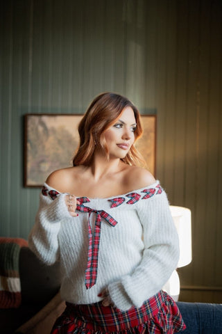 White Christmas Plaid Ribbon Sweater - Select Trends Boutique