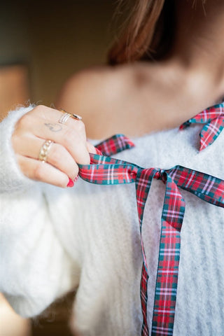 White Christmas Plaid Ribbon Sweater - Select Trends Boutique
