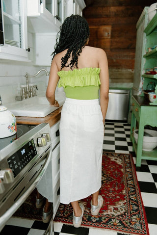White Denim High Waisted Midi Skirt | Select Trends Boutique