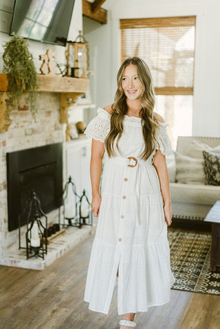 White Eyelet Lace Belted Maxi Dress | Select Trends Boutique