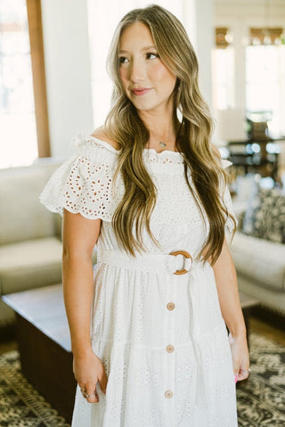 White Eyelet Lace Belted Maxi Dress | Select Trends Boutique