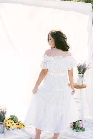 White Eyelet Lace Belted Maxi Dress | Select Trends Boutique
