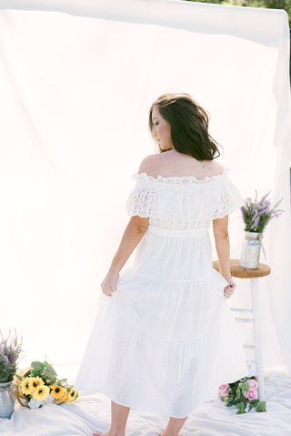 White Eyelet Lace Belted Maxi Dress