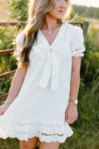 White Eyelet Lace Bow Front Dress - Select Trends Boutique