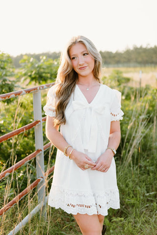 White Eyelet Lace Bow Front Dress - Select Trends Boutique