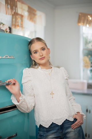 White Eyelet Lace Puff Sleeve Blouse - Select Trends Boutique