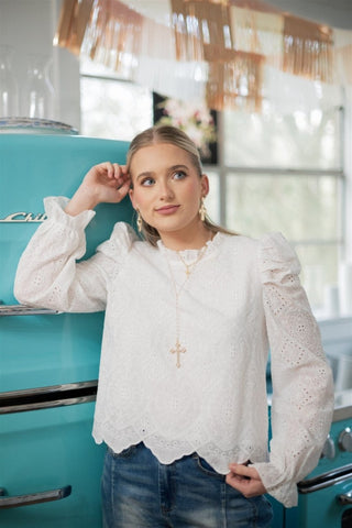 White Eyelet Lace Puff Sleeve Blouse - Select Trends Boutique