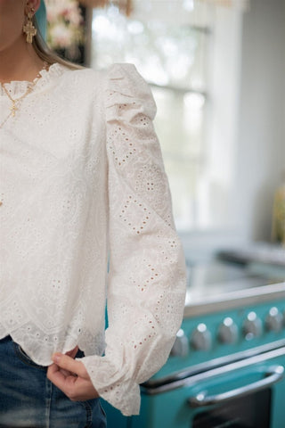 White Eyelet Lace Puff Sleeve Blouse - Select Trends Boutique